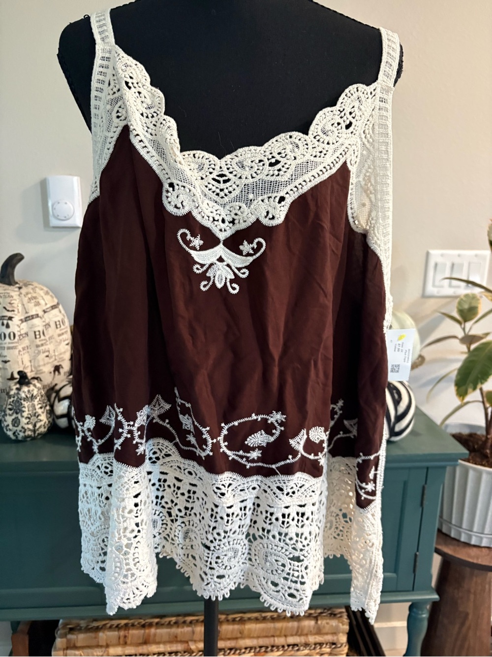 Democracy Brown Camisole with Cream Crochet Trim